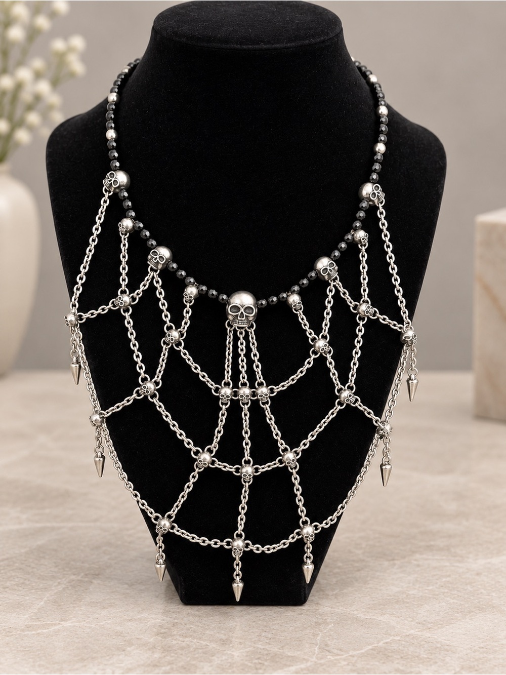 Silver Skull Web Layered Necklace - Women Jewelry